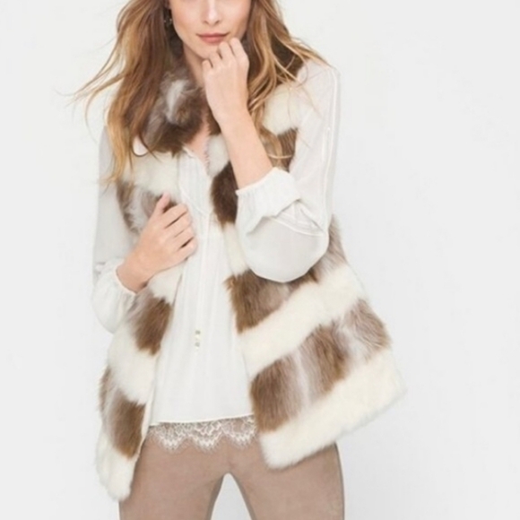 White House Black Market Faux Fur Chevro Striped Vest in brown and white Size SP - Picture 2 of 16